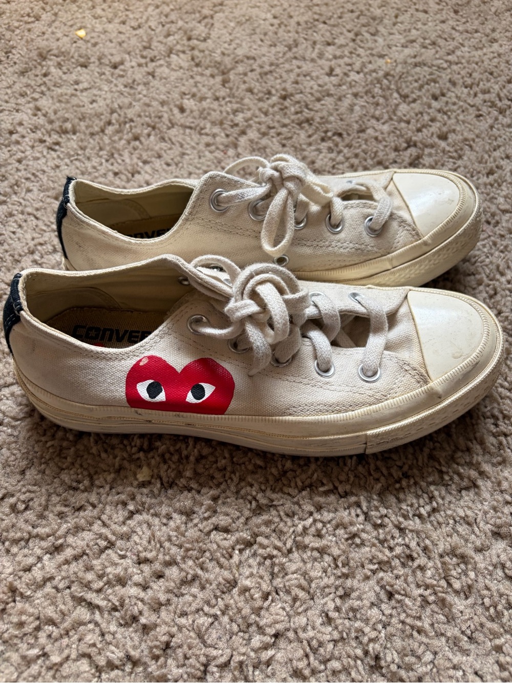 Comme des Garcons White Canvas Sneakers with Red Heart Detail